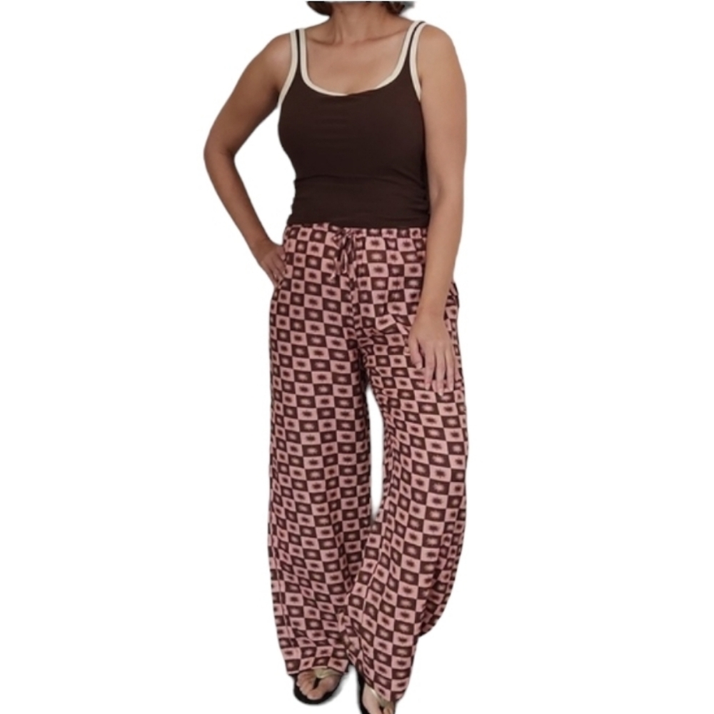 Princess Polly Straight Wide-leg Lightweight Pants Checkerboard Sun Print Size 4